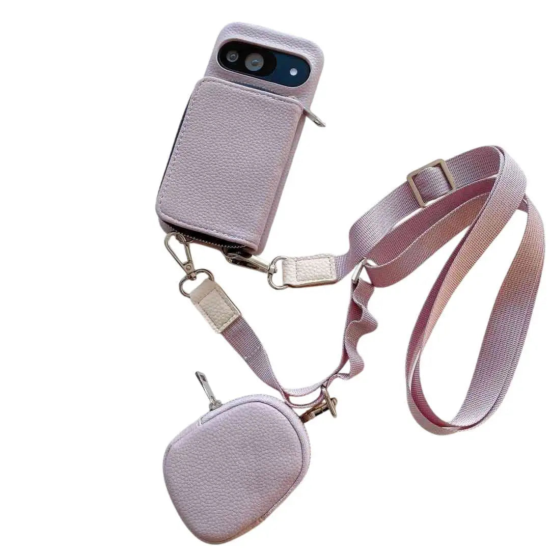 Pastel Purple Pixel wallet Phone case with attached pouch and lanyard on a white background