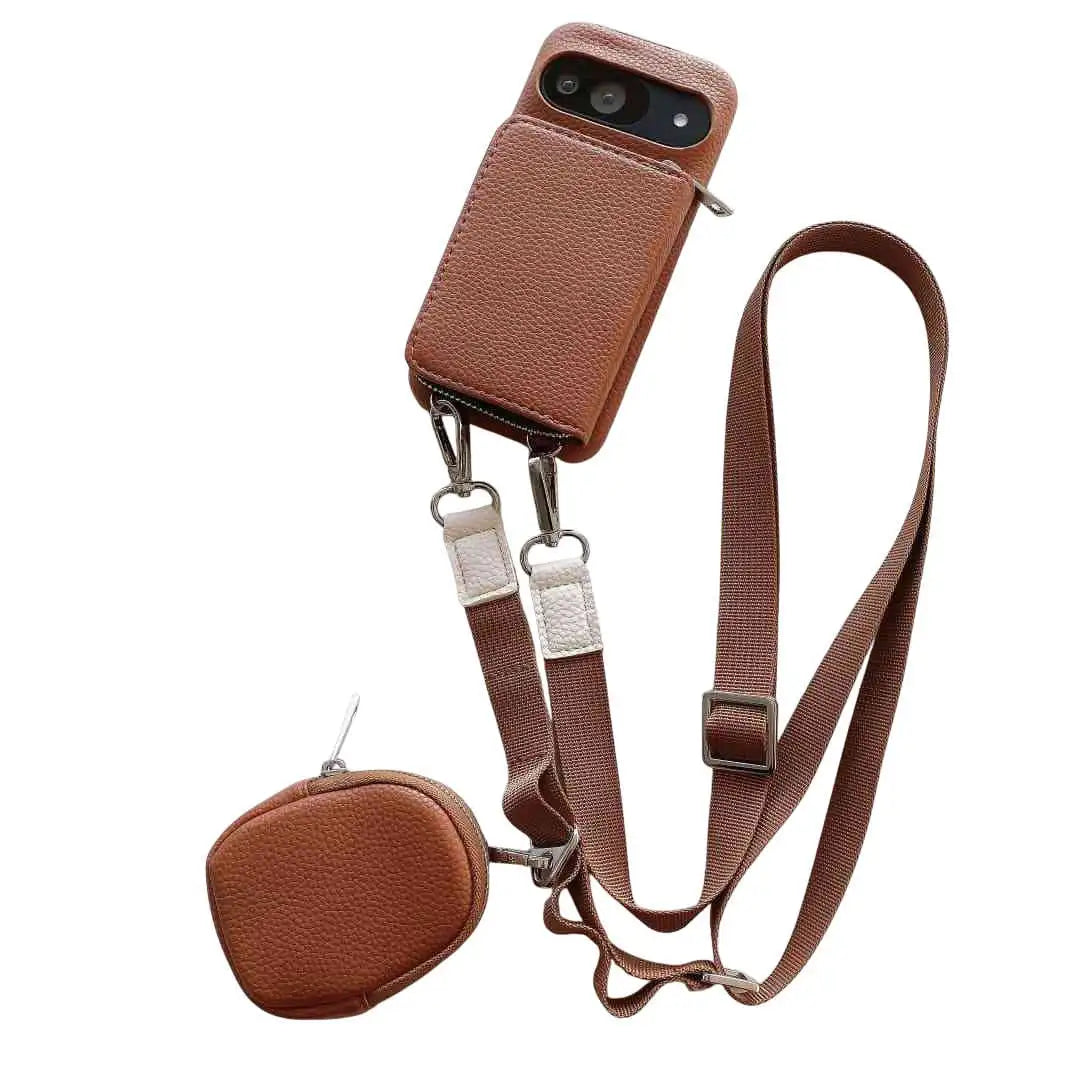 Brown Pixel wallet phone case with attached strap and coin purse on a white background