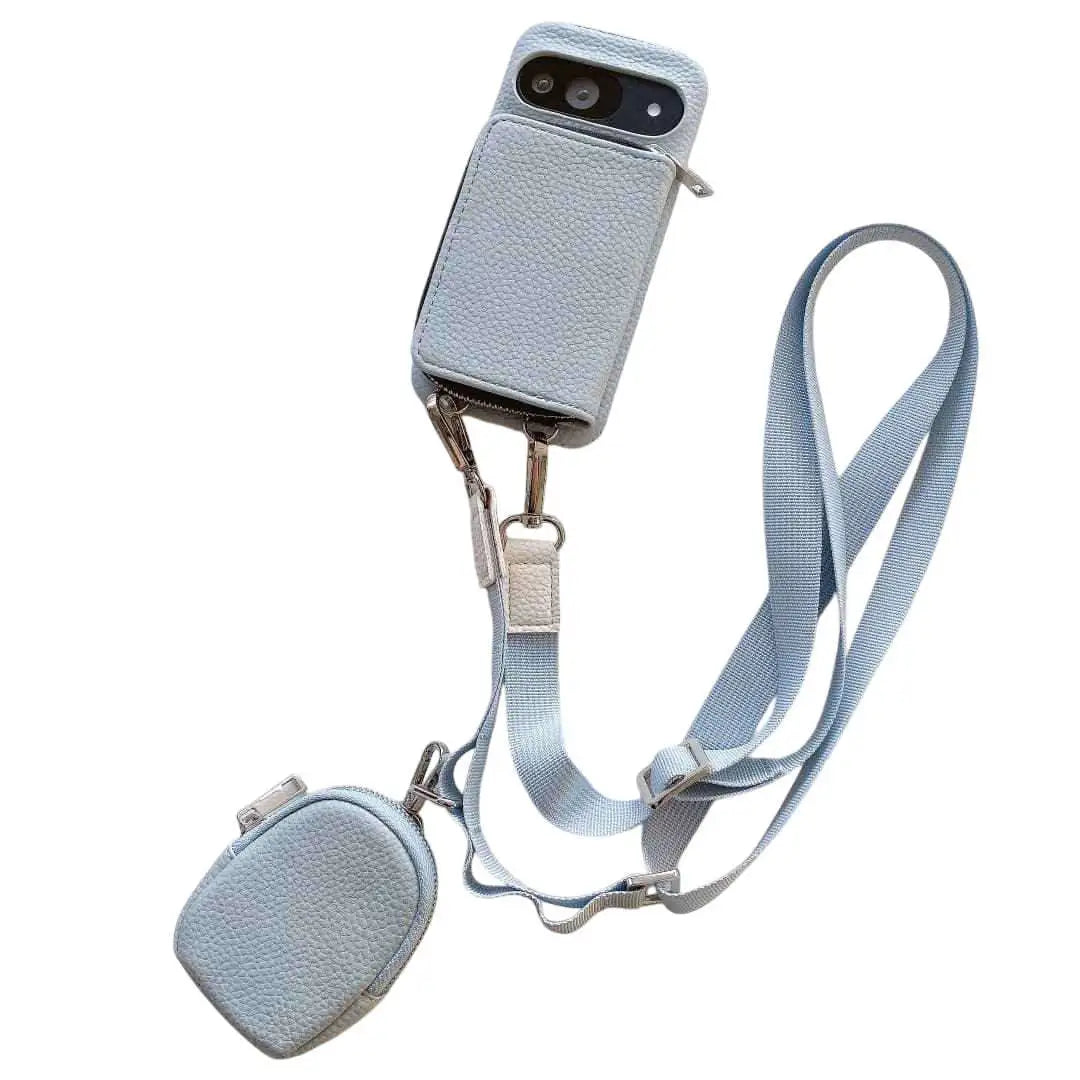 Light blue Pixel wallet phone case with attached lanyard on a white background