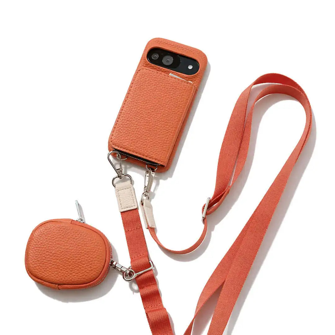 Orange Pixel wallet phone case with attached lanyard and small pouch on a white background