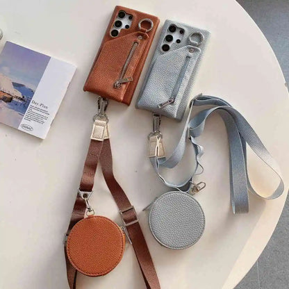 Two phone cases with straps on a white surface