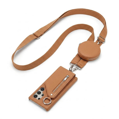 Brown wallet Samsung phone case with detachable strap and round pouch on a white background