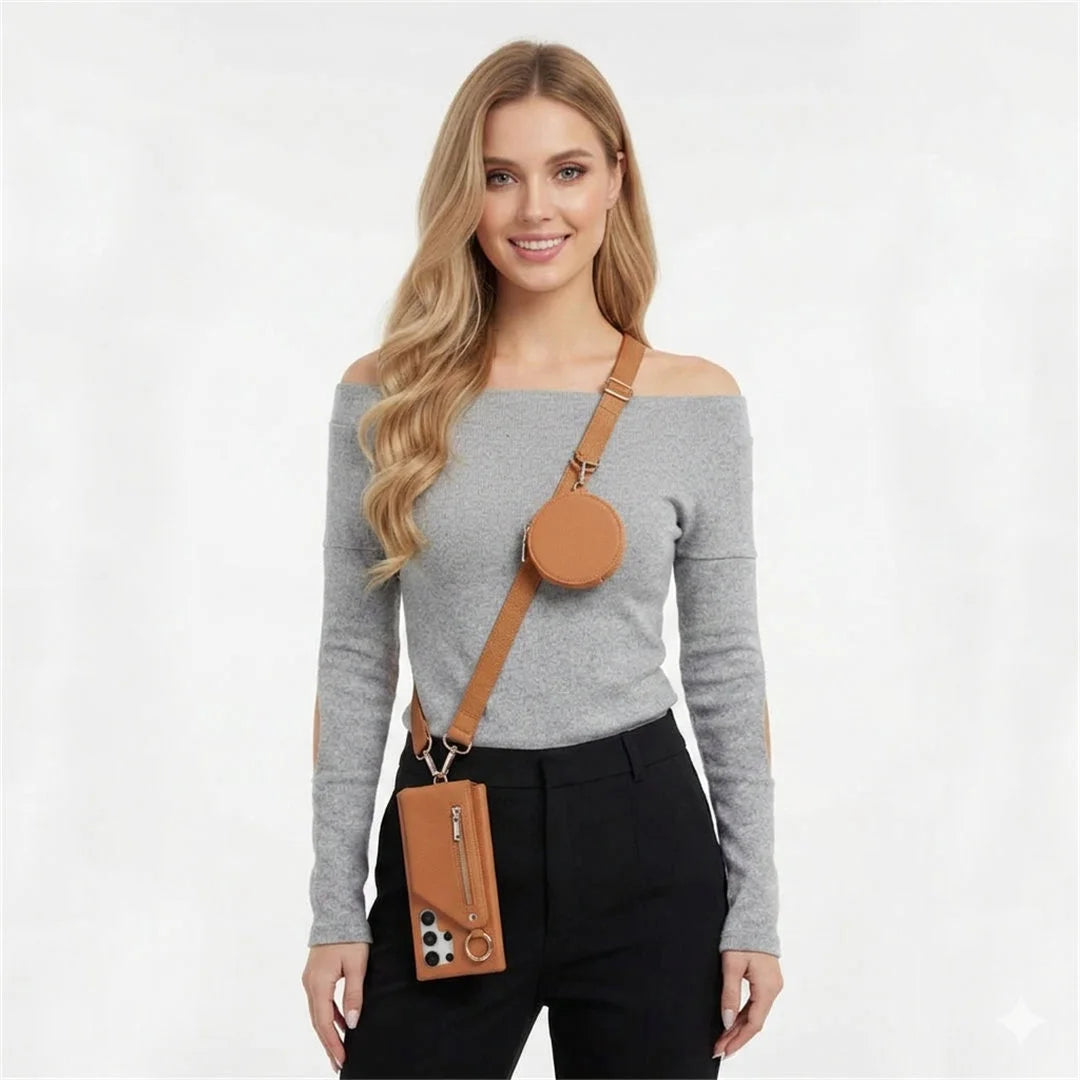 Woman wearing a gray off-shoulder top with a brown crossbody phone set on a white background