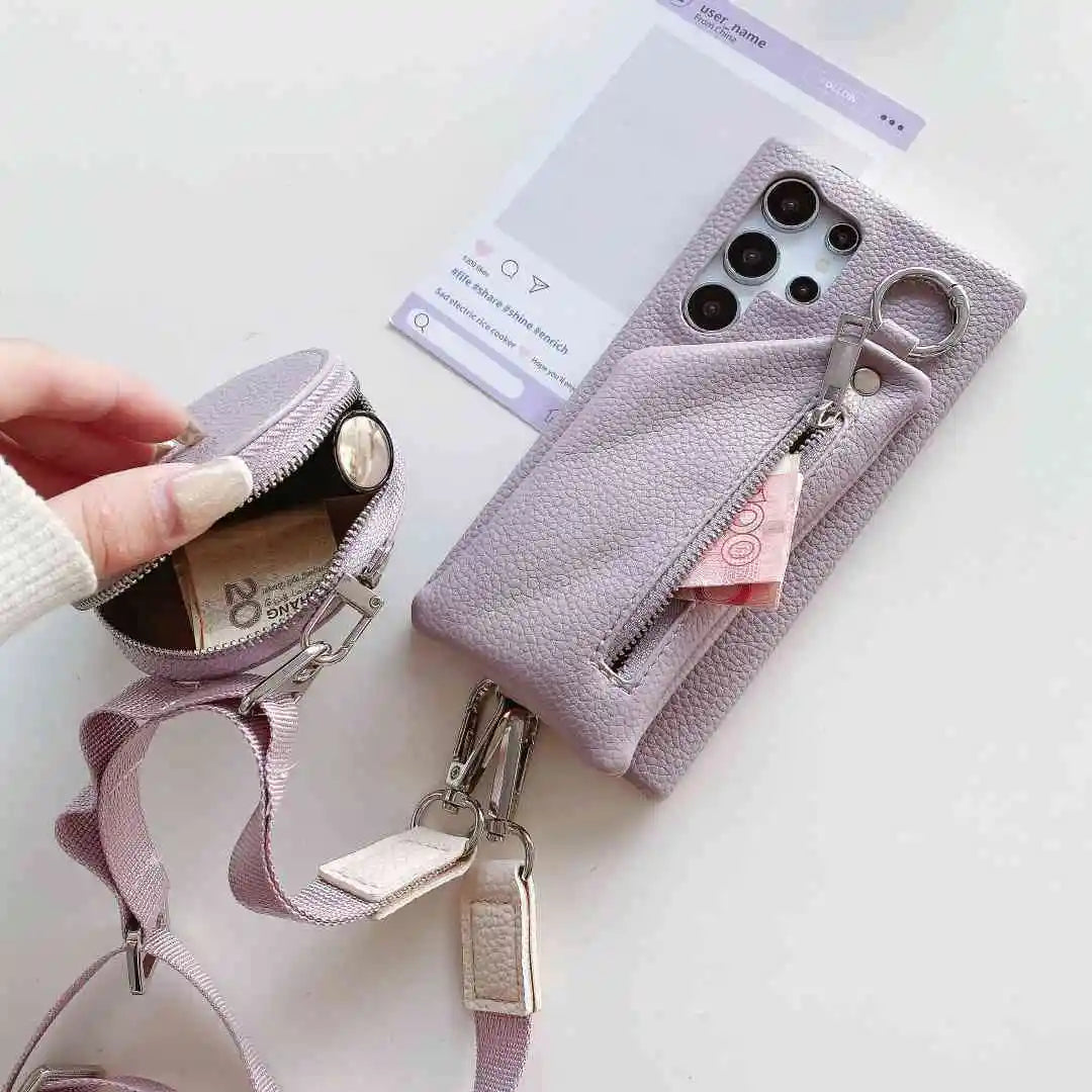 purple leather wallet case with strap and mini pouch on a white background