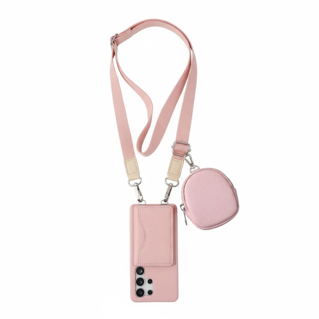 Galaxy Pink wallt phone case with detachable strap and small pouch on a white background