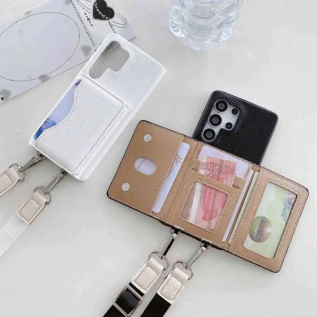 Phone case with strap, wallet function, and card slots on a white surface.