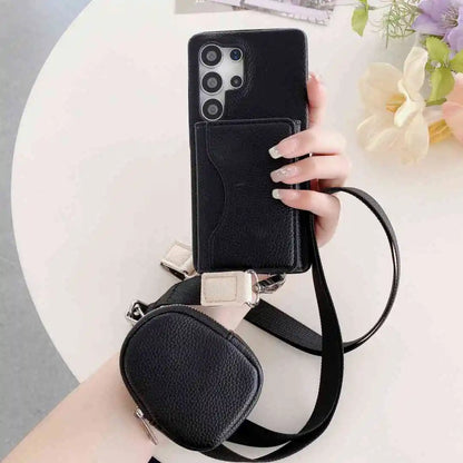 Poctek Black wallet phone case with a detachable strap and pouch held by a hand on a light background.