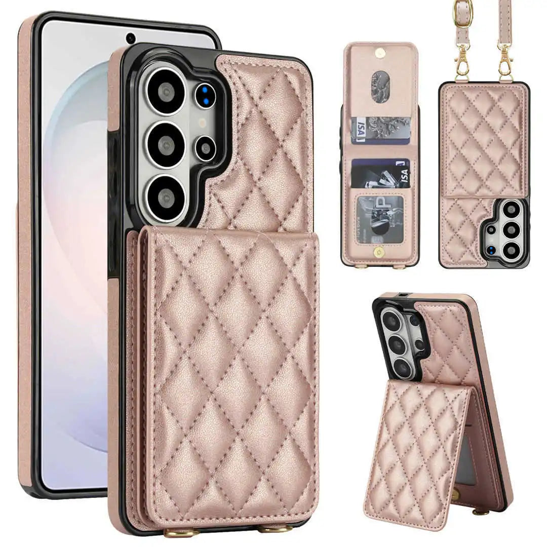 Quilted phone case with stand and card holder on a white background