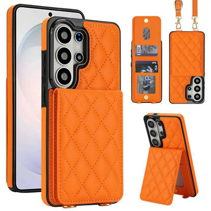 Orange samsung phone case with quilted design, card slots, and stand feature on a white background