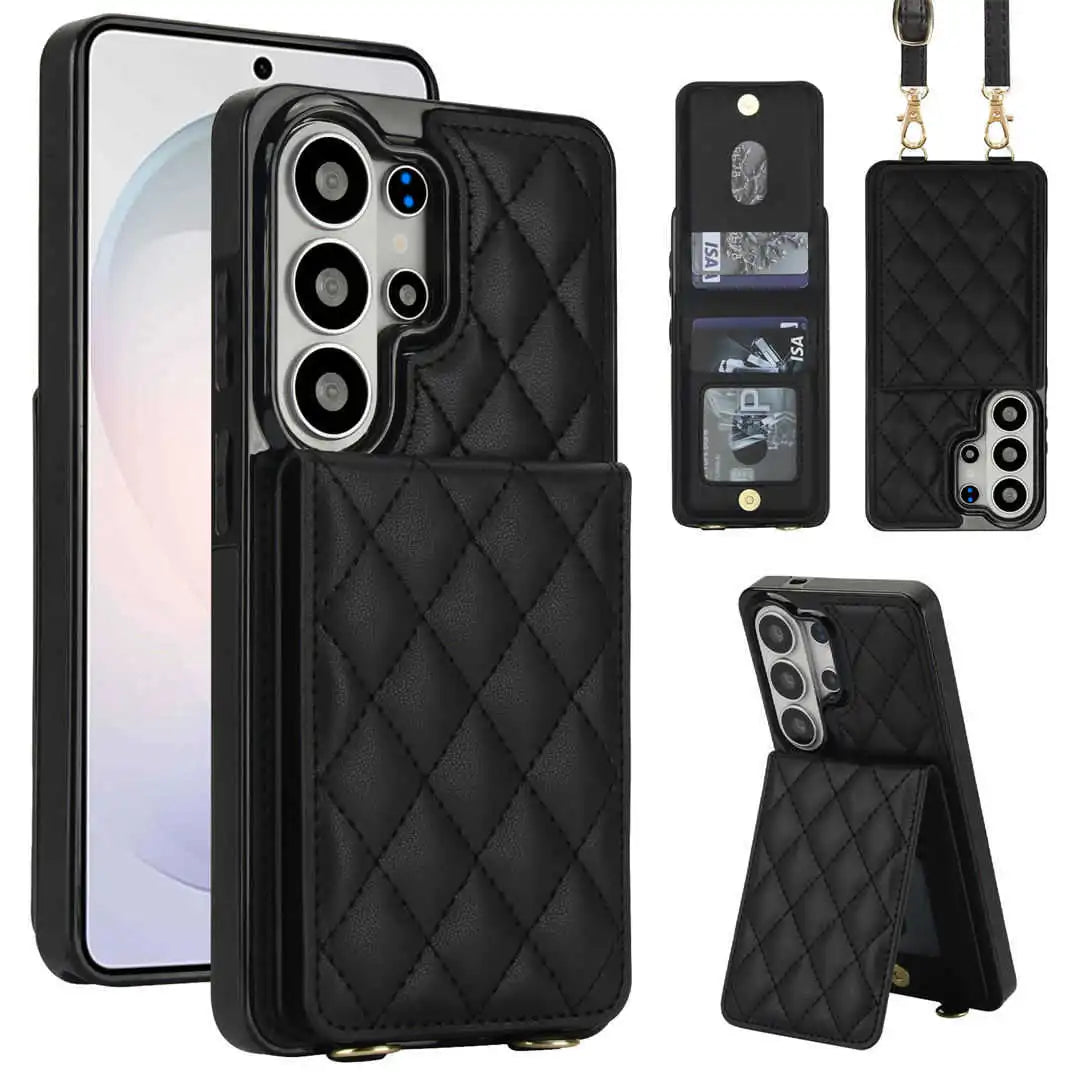 Black quilted phone case with multiple views on a white background