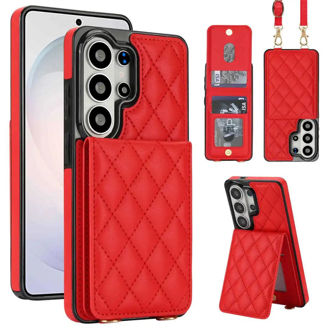 Red quilted phone case with multiple views on a white background