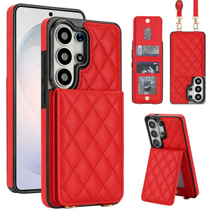 Red quilted phone case with multiple views on a white background