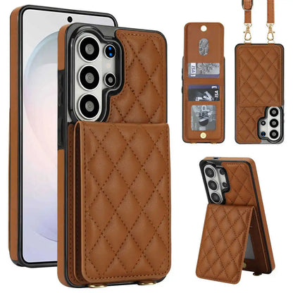 Brown quilted phone case with card slots and stand feature on a white background