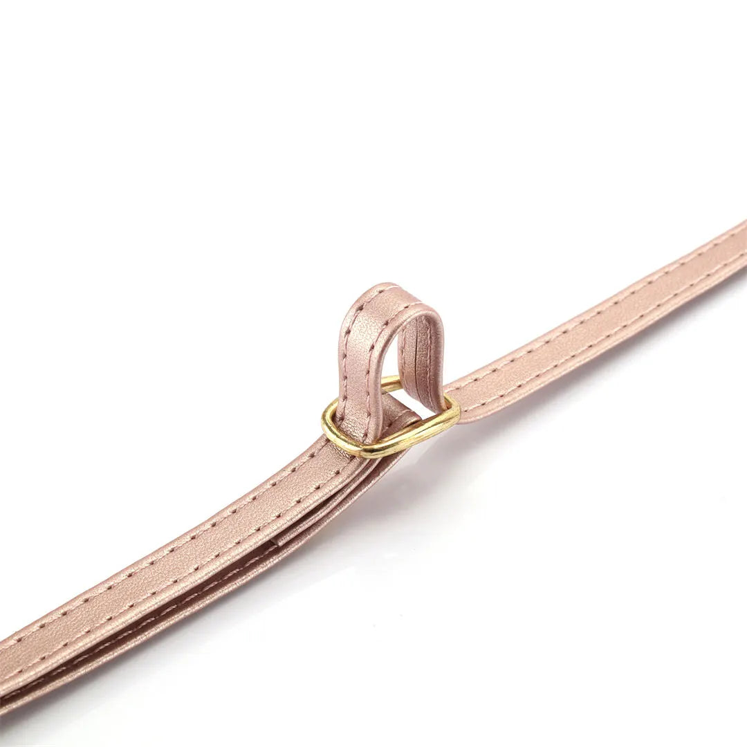 Close-up of a pink leather strap with a gold ring on a white background
