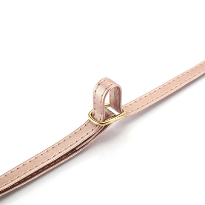 Close-up of a pink leather strap with a gold ring on a white background