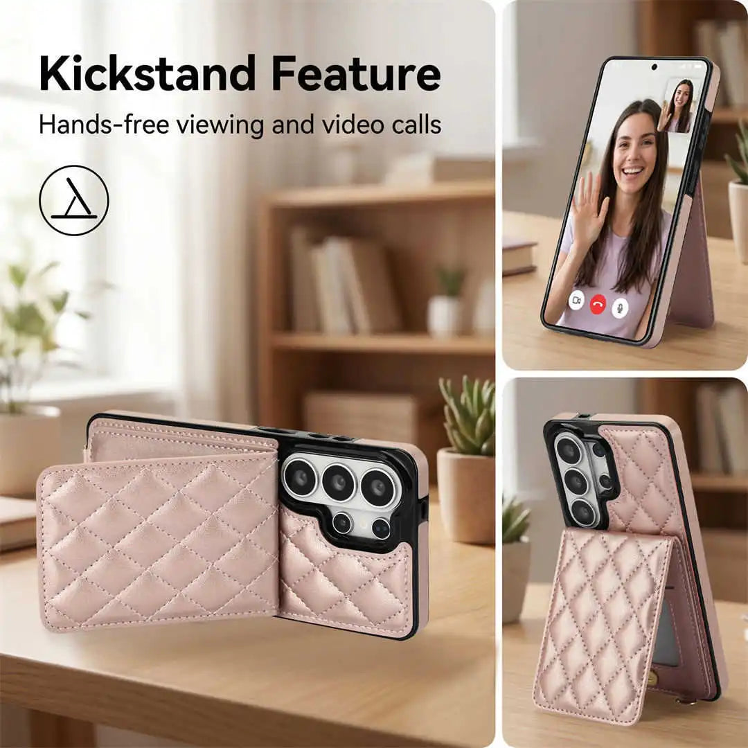 Phone case with kickstand feature for hands-free viewing and video calls, shown in a home setting.