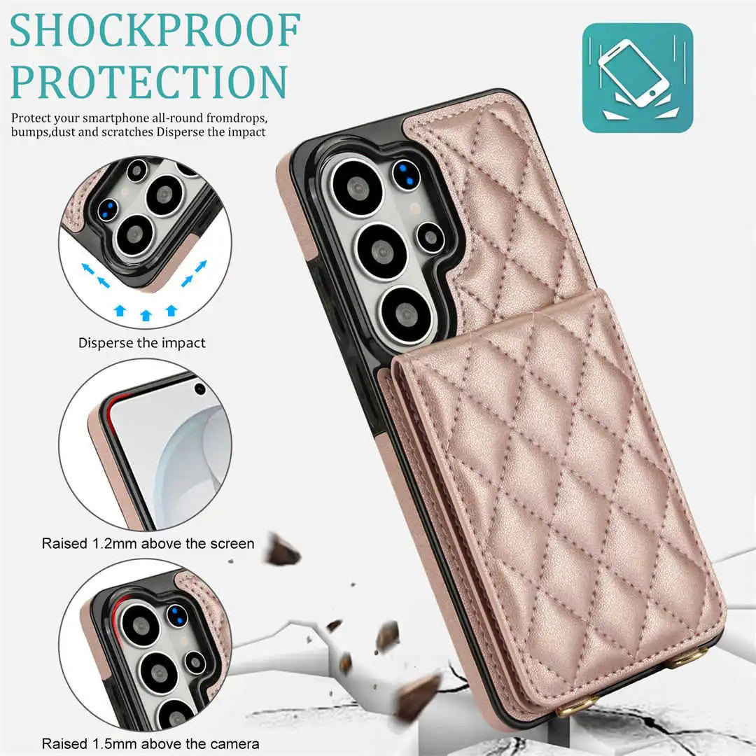 wallet Phone case with quilted design and shockproof protection features on a white background