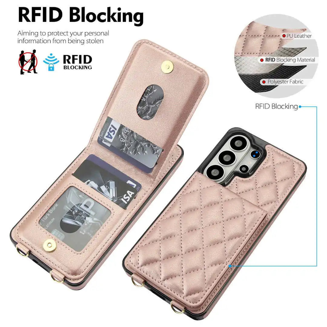 RFID blocking phone case with card slots and quilted design on a white background