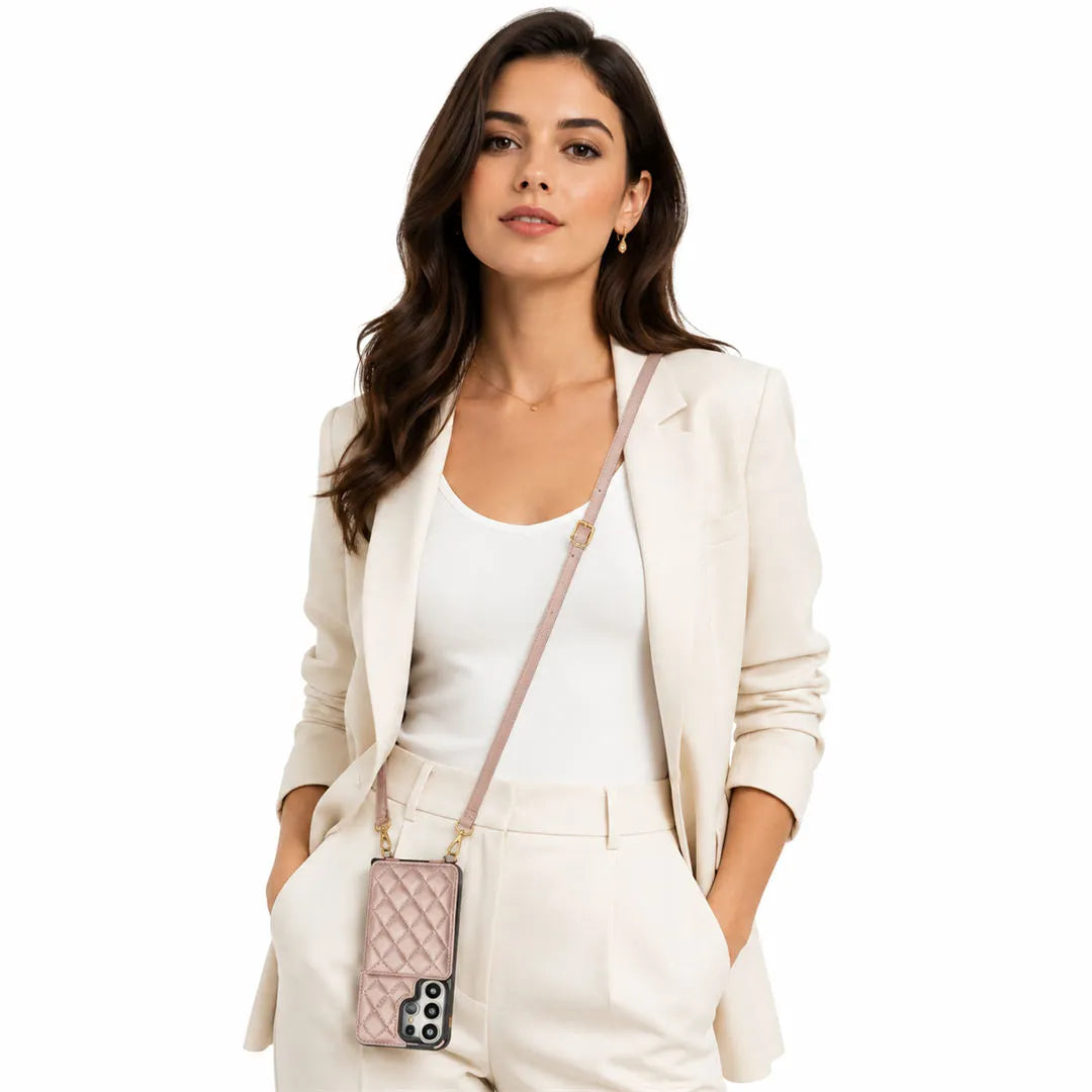 Woman in a white outfit with a pink quilted wallet phone case on a white background