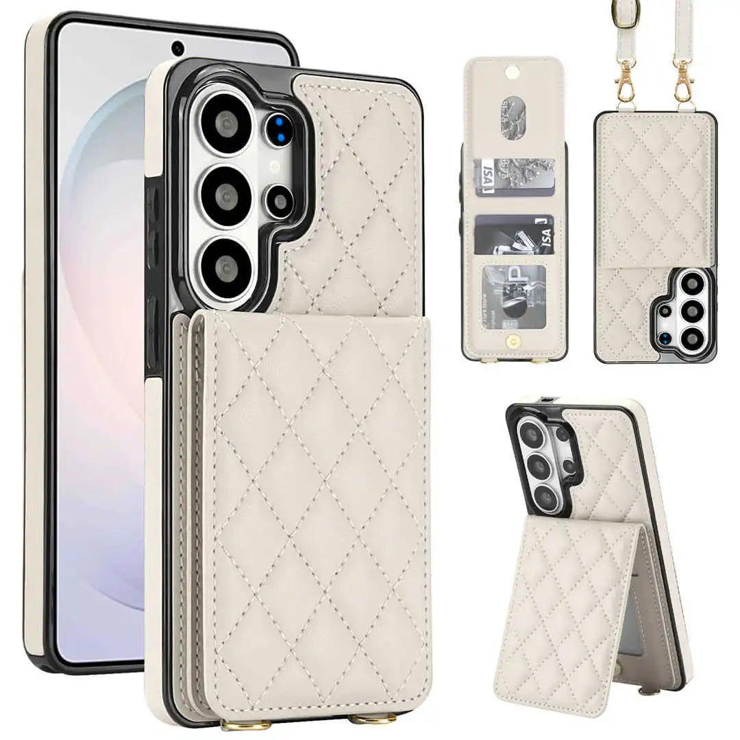 Quilted samsung phone case with card slots and stand feature on a white background