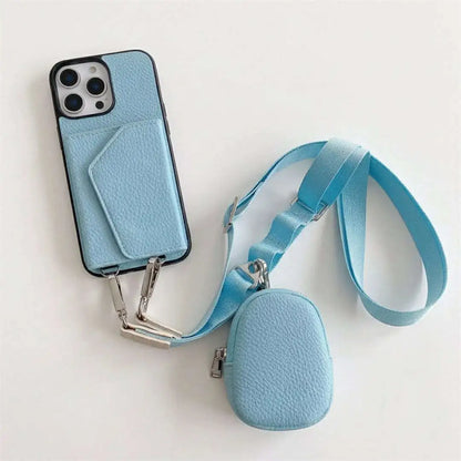 Blue wallet phone case with strap and small pouch on a white background