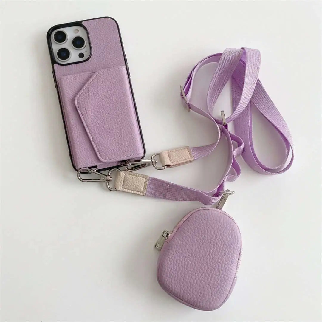 Purple wallet phone case with lanyard and small pouch on a white background