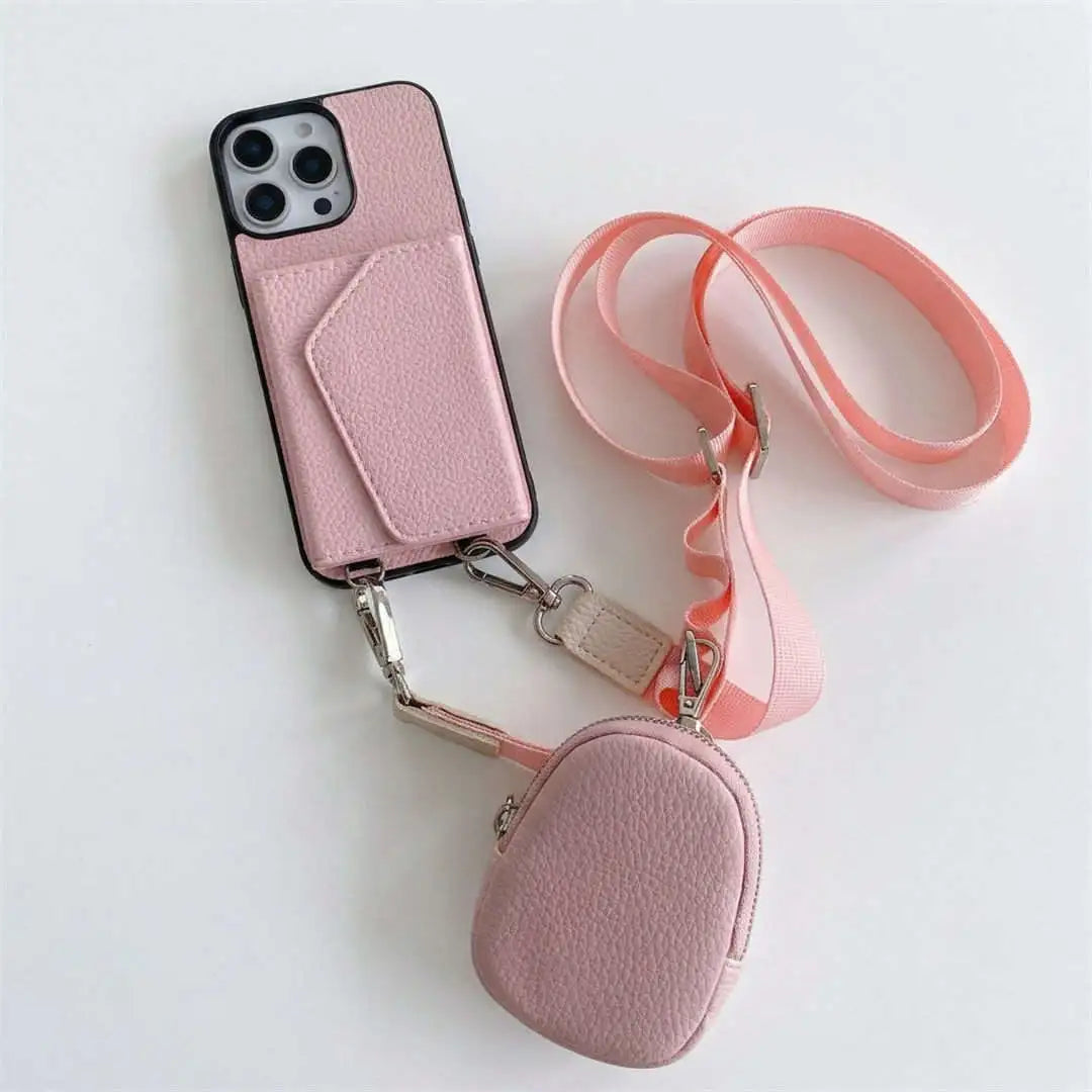 Pink crossbody wallet phone case with attached pouch and lanyard on a white background