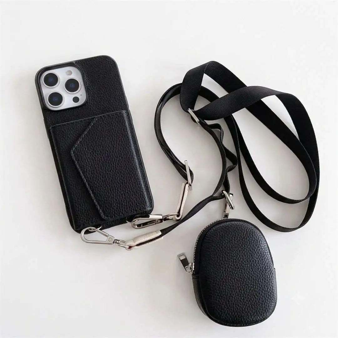Black crossbody phone case with card holder and pouch on a white background