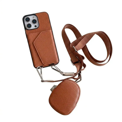 Brown leather wallet phone case with strap on a white background
