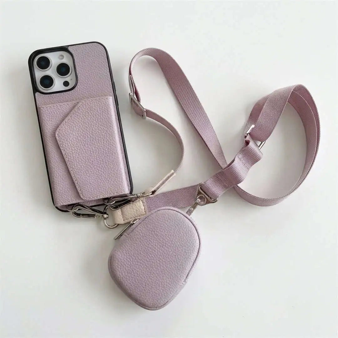 Pastel purple wallet phone case with a matching heart-shaped pouch and strap on a white background