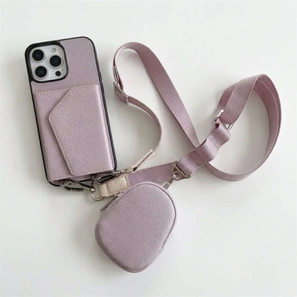 Pastel purple wallet phone case with a matching heart-shaped pouch and strap on a white background