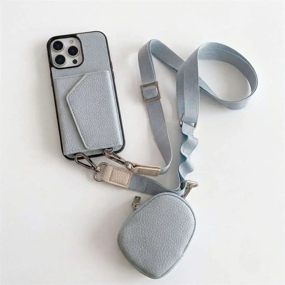 Gray blue wallet phone case with a detachable strap on a white background