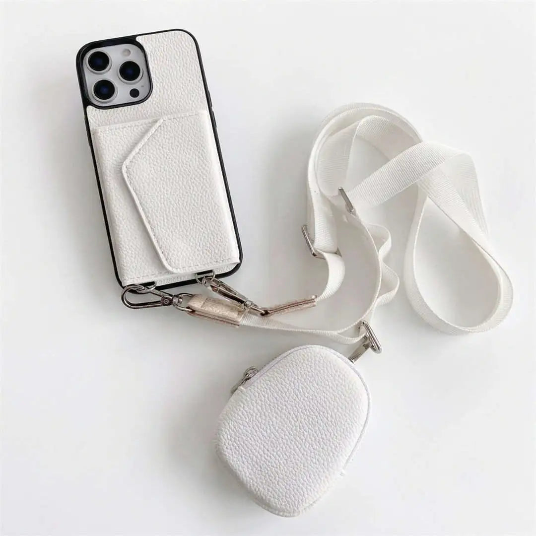 White crossbody wallet phone case with a matching pouch and strap on a light gray background