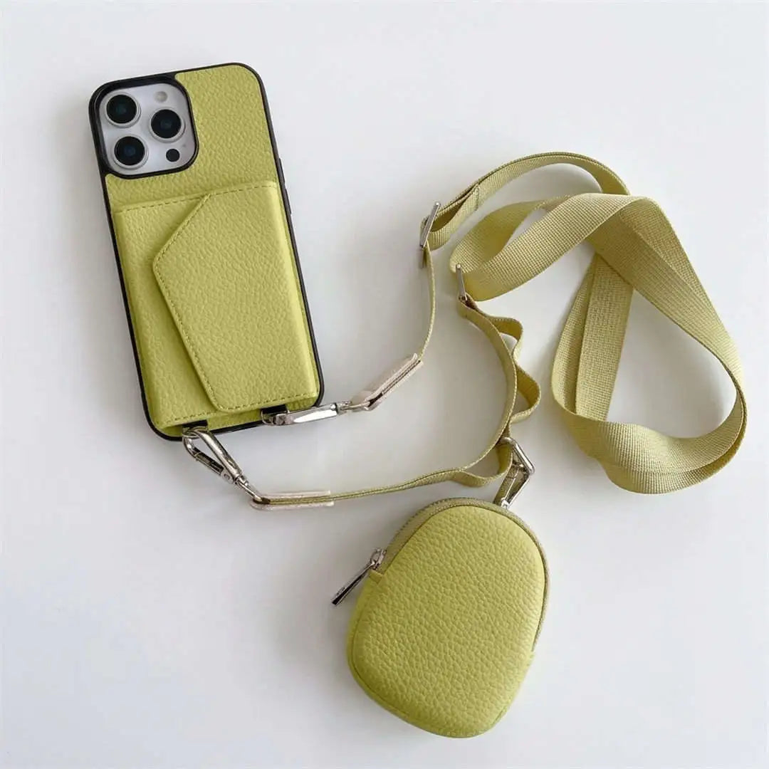 Green crossbody wallet phone case with a matching pouch and strap on a white background