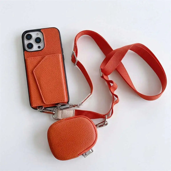 Orange wallet phone case with a matching pouch and strap on a white background
