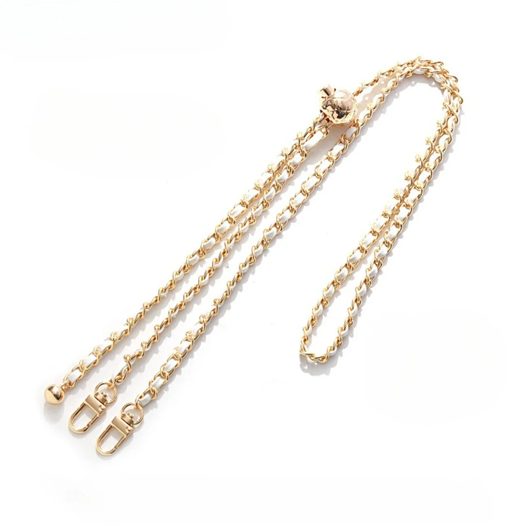 adjustable crossbody Gold chain with clasp on a white background