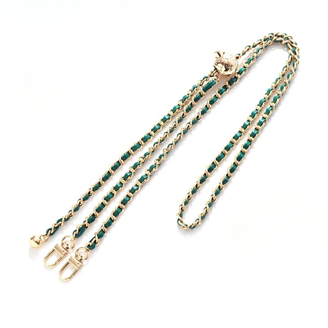 green leather crossbody phone strap on a white background