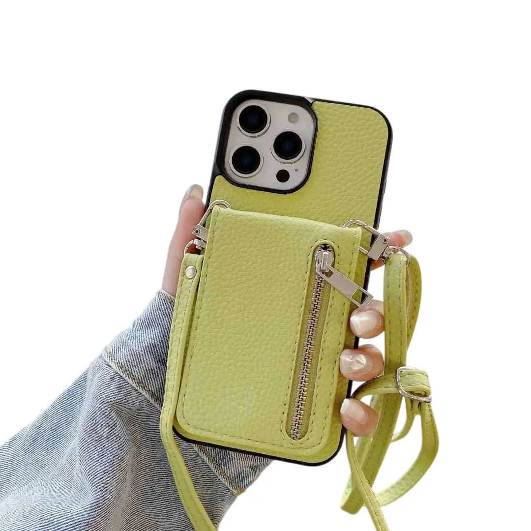 Yellow bilfold wallet phone case with a strap held by a hand on a white background