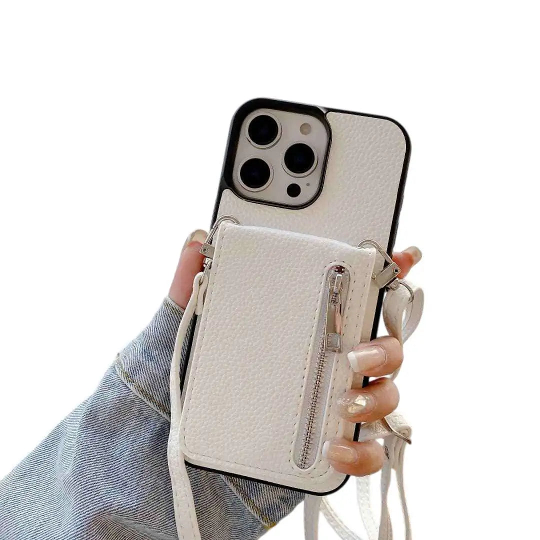 White bilfold phone case with card holder and strap held by a hand on a white background