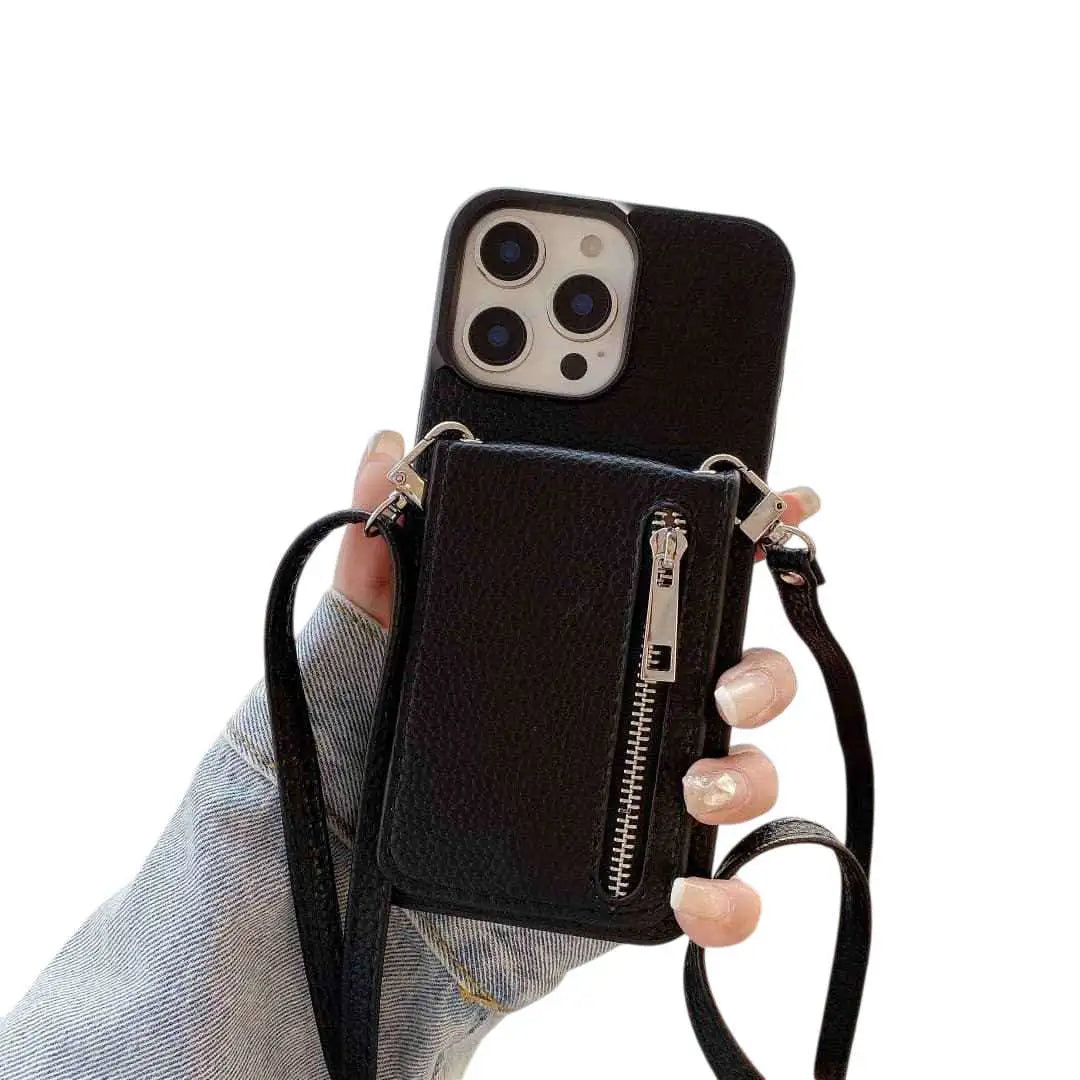 Black bilfold phone case with a zipper pocket and strap held by a hand on a white background