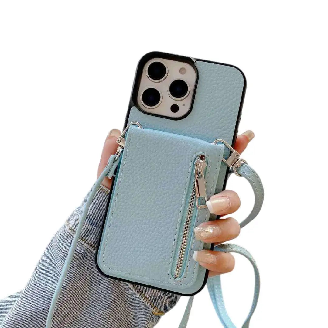 Light blue wallet phone case with a zipper pocket held by a hand on a white background