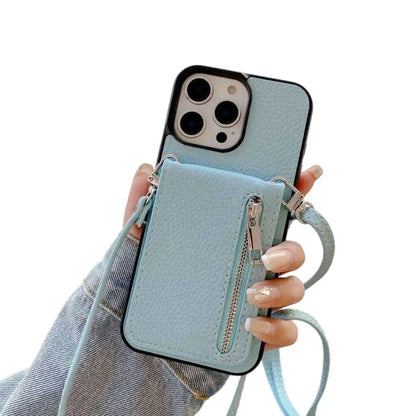 Light blue wallet phone case with a zipper pocket held by a hand on a white background