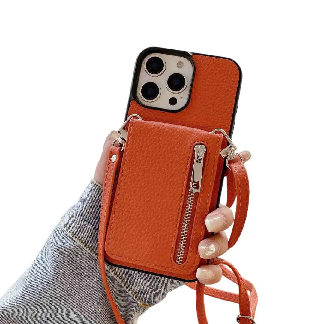 Orange phone case with a strap held by a hand on a white background