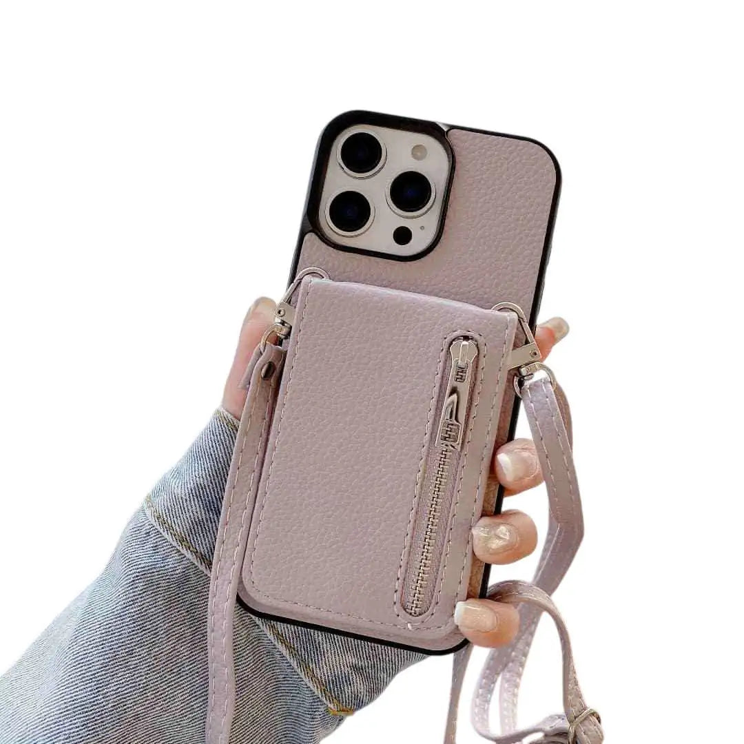 Pastel purple Phone case with card holder and strap held by a hand on a white background
