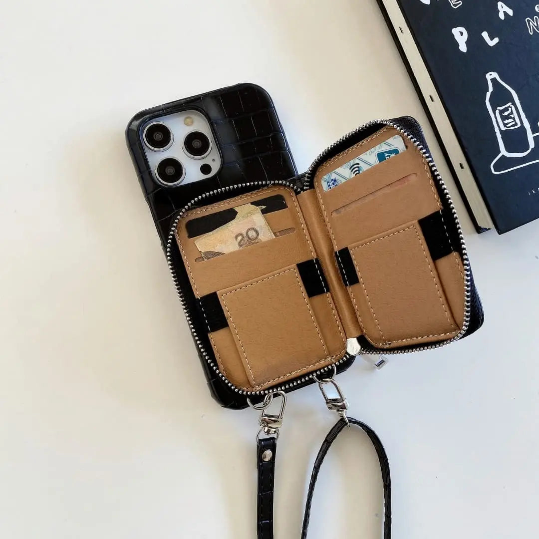 Phone case with zipper pocket and wrist strap on a white background