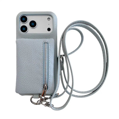 Light blue phone case with a zipper wallet and strap on a white background