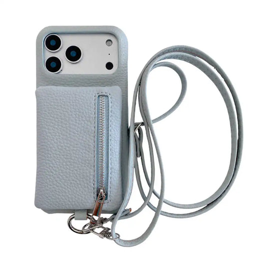 Light blue phone case with a zipper wallet and strap on a white background
