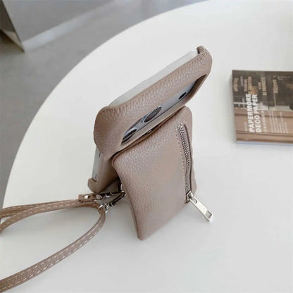 tan phone case standing on a white surface