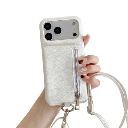 White phone case with zipper and lanyard held by a hand on a white background
