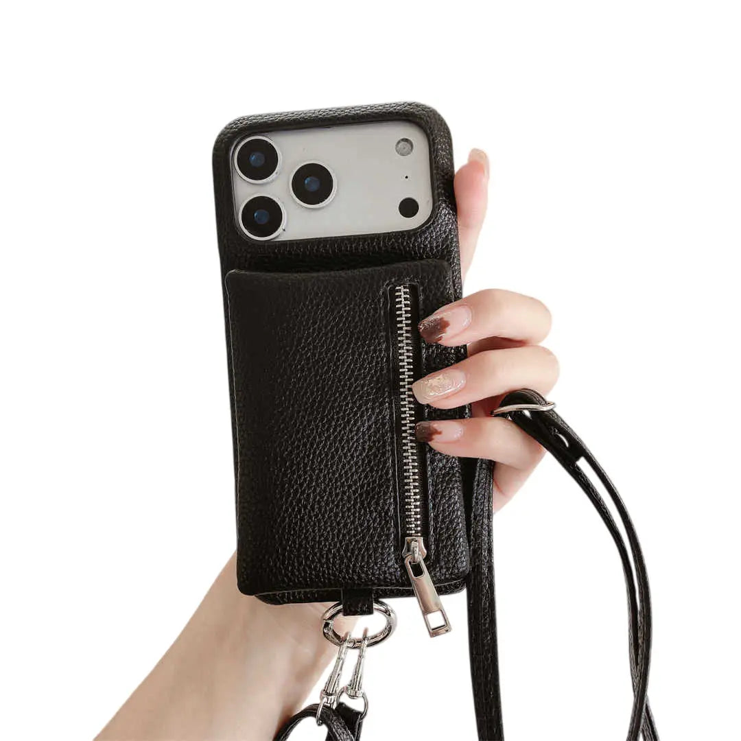 Black phone case with zipper pocket held by a hand on a white background
